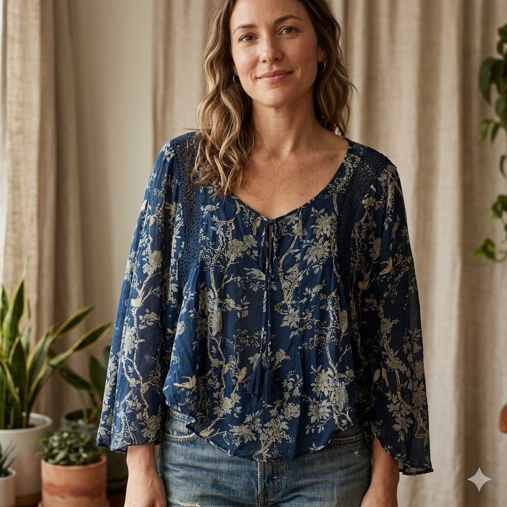 Denim & Supply Ralph Lauren Navy Blue Floral Bird Crochet Lace Peasant Blouse M